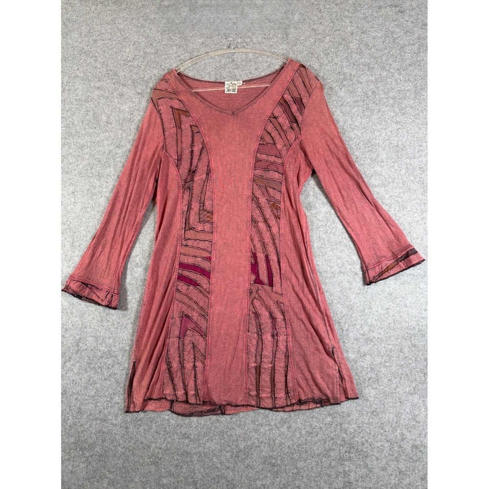 Parsley & Sage Tunic Top Womens Large Rose Good Patchwork Mesh Long Sleeve Boho